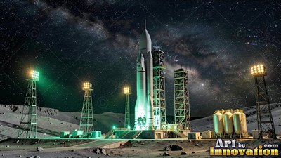 A pointed white rocket stands on a lit launchpad across the dark gray moon surface under starry skies