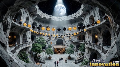 Seen from above, people walk through a round stone cavern base beneath a moonlit skylight