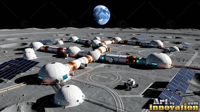 White domes and tunnels form an outpost on the moon across gray craters under Earth
