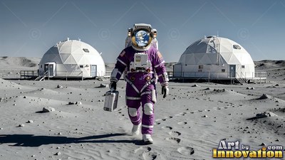 On the gray lunar surface, an astronaut in a purple spacesuit walks past two white domes