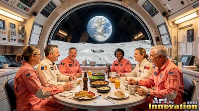 Dining around a table, astronauts in pink jumpsuits sit before a large window to Earth