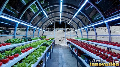 Hydroponic greenhouse on the moon growing lettuce and tomatoes