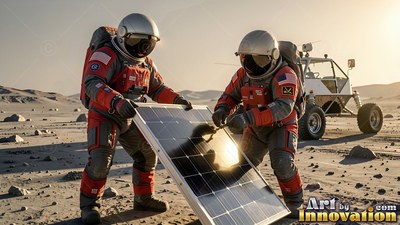 Wearing red spacesuits, two astronauts set up a solar panel on a gray lunar landscape by a rover