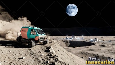 A teal rover kicks up gray dust along a crater ridge under harsh sunlight