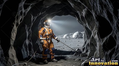Standing inside a dark moon cave, an astronaut in an orange suit looks out at white domes