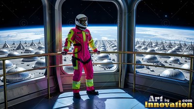 An astronaut in a bright pink suit stands by a window overlooking field domes