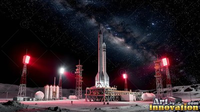 On the lunar surface, a tall rocket sits on a launchpad under a starry sky