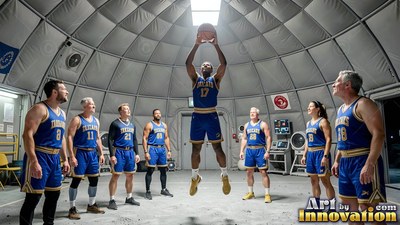 Shooting a basketball overhead, a player in blue floats inside a gray padded dome