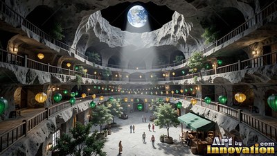 People walking in a round underground moon plaza under an open skylight