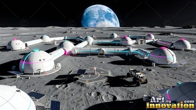 Pink lights rim white habitat domes in a lunar base complex across gray regolith under Earth