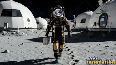 An astronaut walks forward carrying a case past white domes under harsh bright sunlight
