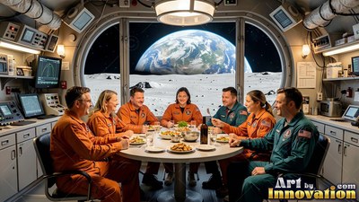 Seated around a dinner table inside a moon base, astronauts eat by a big window overlooking Earth
