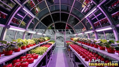 Fresh vegetables grow under purple lights inside an arched greenhouse on the outpost on the moon