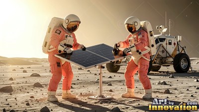 On the dusty moon, two astronauts in pink suits adjust a solar panel