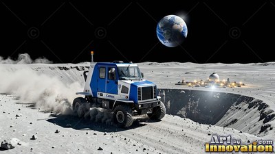 Driving along a crater rim, a blue and white lunar truck kicks up gray dust under Earth