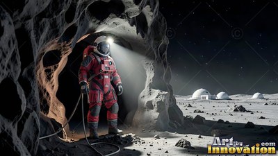 Astronaut in a red suit standing inside a dark moon cave