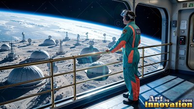 Wearing a teal and orange jumpsuit, an astronaut watches white base domes from a window