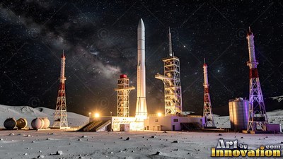 A tall white rocket stands on a lunar launch pad under bright orange floodlights
