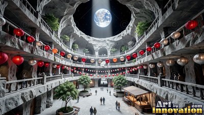 People walk in a round underground moon plaza under red lanterns and a skylight showing Earth