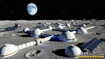 On gray lunar dust, white dome habitats connect under a large moon