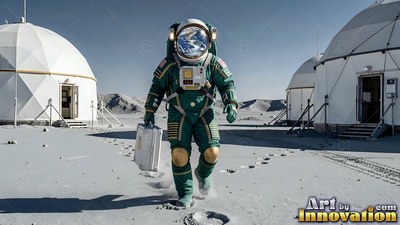 Carrying a silver case, an astronaut in a green spacesuit walks past white base domes