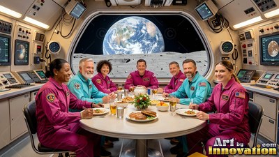 Crew in pink and blue uniforms eating dinner inside a lunar settlement