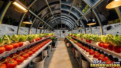 Bright red tomatoes on long metal racks inside an arched glass greenhouse on the moon