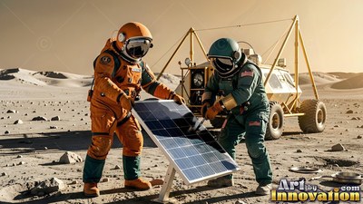 Two astronauts set up a solar panel under warm sunlight on the pale dust