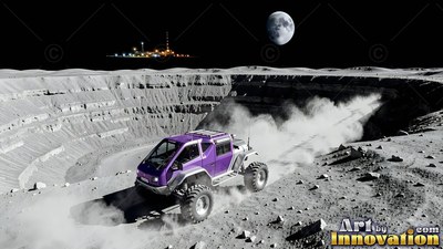 Angled toward the front beside a gray crater, a purple truck kicks up dust