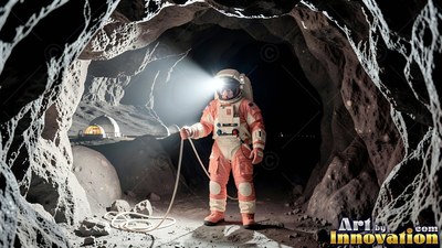 An astronaut in an orange suit shines a bright helmet light inside a dark moon cave