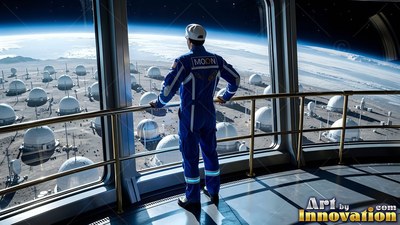 In an observation deck, an astronaut in a blue suit looks out at white domes