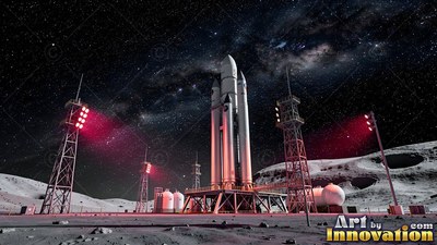 Standing on a launchpad, a silver rocket rests under a starry sky on the moon