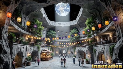 Casual clothes on people walking in a subterranean rock plaza under the Earth