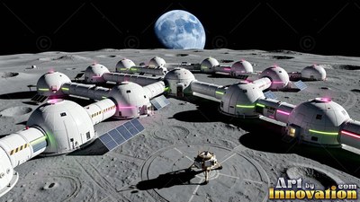 A base on the moon spreads across gray craters with white domes connected by tunnels under a blue Earth