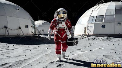 Walking forward between white domes, an astronaut in a red suit carries a black box