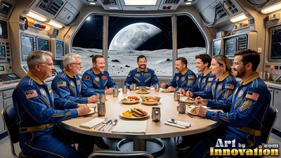 Astronauts in blue suits eat lunch around a round table facing the moon surface outside