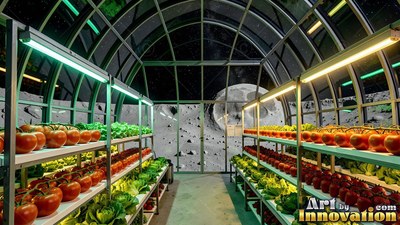 In a moon greenhouse, shelves of tomatoes and lettuce face the gray craters outside