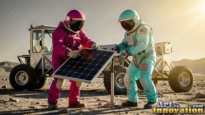 Working outdoors, two astronauts in pink and teal suits adjust a small solar panel