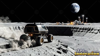 A moon rover kicks up gray dust near a lit base under Earth
