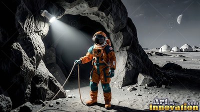 An orange spacesuit on an astronaut who stands at a rocky lunar cave near white domes