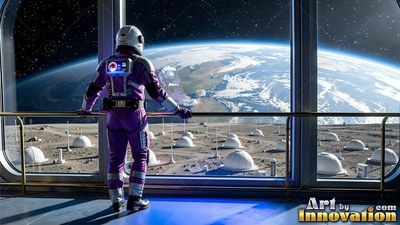 An astronaut in a purple suit looks out a large window toward Earth illuminated by soft sunlight