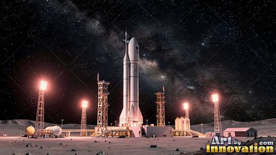 Standing upright on a moon launchpad, a tall white rocket under starry skies