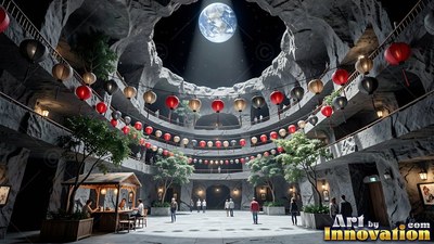 In a stone lunar courtyard under Earth light, people gather beneath paper lanterns