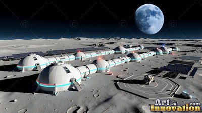 Spreading across a gray cratered plain, a white lunar base sits under a huge moon