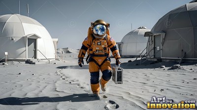 Astronaut in an orange suit walking past white domes on moon dust