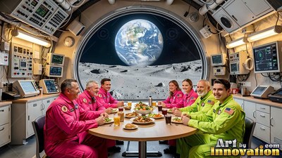 Bright pink jumpsuits worn by crew members eating dinner by a round window showing Earth