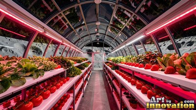 A lunar greenhouse grows rows of tomatoes and lettuce under pink grow lights