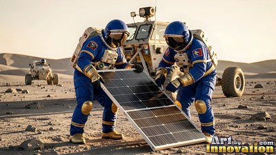 Crouching on the dusty ground, astronauts in blue spacesuits set up a solar panel