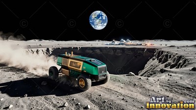A green lunar rover kicks up dust near a crater edge under the blue Earth