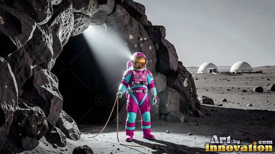 Outside a dark moon cave, an astronaut in a pink and cyan suit holds a rope